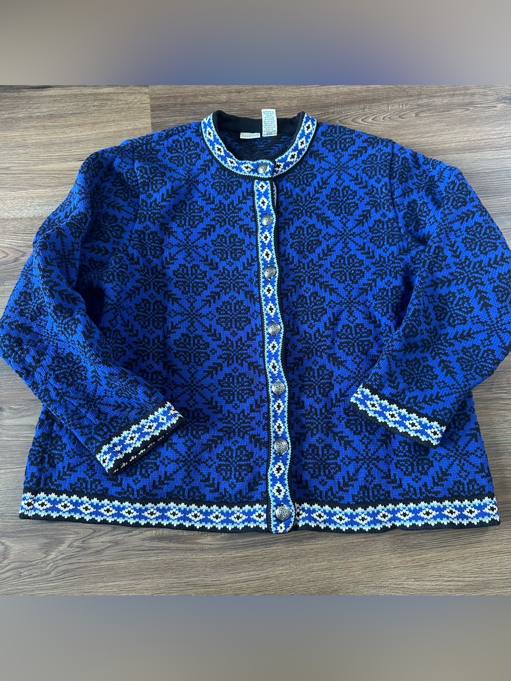 L.L. Bean Nordic Cardigan Sweater Women 1X Fair Isle Snowflake Heavy Ski Cotton